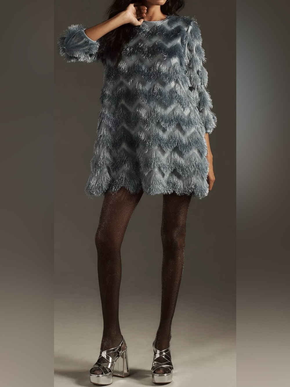 Hutch by Anthropologie Blue Fringe Shift Mini 3/4 Sleeve Dress - Size M